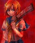  blood crazy_eyes hatchet higurashi_no_naku_koro_ni inomoto_hiro nose_hatchet ryuuguu_rena school_uniform serafuku short_hair smile solo 