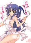  apron ass breasts cleavage ginga_nakajima green_eyes hair_ribbon hina_sasaki large_breasts long_hair lyrical_nanoha mahou_shoujo_lyrical_nanoha_strikers naked_apron purple_hair ribbon solo translation_request 