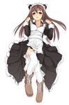  animal_ears blush boots brown_hair char face garter_belt long_hair lying maid original red_eyes solo thighhighs 