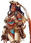  armor blue_hair blush bone bone_(armor) breasts brown_eyes dark_skin feathers fingerless_gloves gloves lips medium_breasts monster_hunter navel nekoguchi signature skull solo tribal underboob 