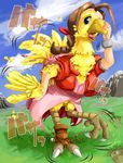  animalization beak blue_eyes bracelet brown_hair chocobo claws cloud cropped_jacket day dress edmol feathers final_fantasy final_fantasy_vii grass hair_ribbon jewelry mountain no_humans open_mouth pink_dress ribbon solo tail torn_clothes transformation wings 