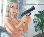  blonde_hair blue_eyes breasts cigarette cocked_hammer face glasses gun h&amp;k_usp hair_over_breasts handgun hands heckler_&amp;_koch holding holding_gun holding_weapon itou_(onsoku_tassha) light_rays long_hair medium_breasts mouth_hold open_mouth original pants pistol red-framed_eyewear scar semi-rimless_eyewear smoke smoking smoking_gun solo sunbeam sunlight topless trigger_discipline upper_body weapon 