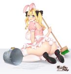 1girl animal_ears ass back blonde_hair blue_eyes blush breasts bucket bunny_ears bunny_tail gang_of_heaven hair_ribbon large_breasts maid masami_chie mop ribbon shoes sitting solo tail thighhighs twintails underwear water 