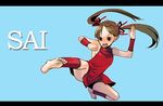  barefoot blue_background brown_hair china_dress chinese_clothes dress feet jumping kicking konno_haru letterboxed long_hair open_mouth original solo twintails vambraces 