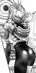  90s ahoge aoi_karin armor ass asymmetrical_clothes back bodysuit braid comic dna^2 greyscale jacket katsura_masakazu lowres monochrome panties shiny shoulder_pads side_braid single_thighhigh skin_tight solo spandex thighhighs thong underwear 