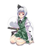  bad_id bad_pixiv_id blush hitodama katana kazuha_nanako kneeling konpaku_youmu konpaku_youmu_(ghost) red_eyes sheath sheathed short_hair solo sword touhou weapon 