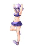  armpits arms_up bikini_top blush breasts covered_nipples cross cross_necklace full_body inuinui jewelry large_breasts letty_whiterock necklace no_socks purple_bikini_top purple_eyes purple_hair purple_skirt sandals short_hair simple_background skirt solo swimsuit touhou white_background 