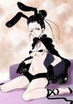  animal_ears black_hair breasts brown_eyes bunny_ears caw=zoo gloves hair_bun legs long_hair original shorts sitting small_breasts solo 