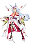  amaterasu animal_ears bare_shoulders blue_hair char elbow_gloves gloves japanese_clothes kimono long_hair ookami_(game) personification solo tattoo thighhighs 