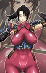  abs armor ass black_eyes black_hair bodysuit breasts elbow_gloves enoshima_iki fishnets gloves hips huge_breasts impossible_clothes impossible_shirt navel ninja nipples ponytail shiny shiny_clothes shirt solo soulcalibur sword taki_(soulcalibur) thighs weapon wide_hips zoom_layer 