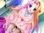  bathroom blonde_hair blue_eyes blush dutch_angle from_above gakuto! game_cg japanese_clothes kimura_koroya konoe_reika long_hair looking_up open_mouth panties panty_pull solo thighhighs toilet toilet_use underwear 