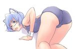  2k-tan all_fours ass bent_over blue_eyes blue_hair cameltoe glasses kawaraya_(pixiv6596) one-piece_swimsuit open_mouth os-tan school_swimsuit short_hair solo sweat swimsuit 