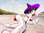  ass beach bikini black_hair blind character_name closed_eyes copyright_name crystal_ball day final_fantasy final_fantasy_i hat lying matoya multicolored_hair outdoors solo swimsuit tattoo two-tone_hair witch witch_hat young_wang 