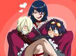  2boys 695_(mukuko) adiane bad_id bad_pixiv_id blue_hair blush corset crossed_legs dress eyepatch long_hair multiple_boys naughty_face simon sitting tattoo tengen_toppa_gurren_lagann tongue viral you_gonna_get_raped 