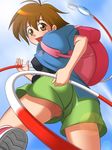  ass backpack bag blush breasts brown_eyes brown_hair clitoris_slip covered_nipples fishing_hook fishing_line ito_hajime medium_breasts no_panties pussy_peek short_hair shorts solo umihara_kawase umihara_kawase_(character) upshorts 