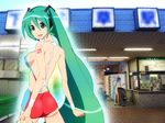  1girl aqua_hair ass back bad_id bad_pixiv_id breasts covered_nipples gapper hatsune_miku kaito long_hair looking_back medium_breasts slingshot_swimsuit swimsuit very_long_hair vocaloid 