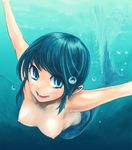  :d blue_background blue_eyes blue_hair breasts bubble copyright_request looking_at_viewer mermaid monster_girl nipples nude okamocheese open_mouth outstretched_arms perspective scales short_hair small_breasts smile solo spread_arms swimming underwater 