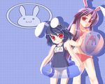  animal_ears bad_id bad_pixiv_id bikini black_hair bunny_ears chiha_(abo_ecm_mk25) inaba_tewi long_hair multiple_girls name_tag one-piece_swimsuit purple_hair red_eyes reisen_udongein_inaba school_swimsuit short_hair swimsuit touhou 