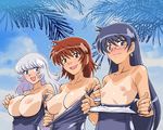  akashi_kaoru blue_hair blush breasts earrings flat_chest glasses inverted_nipples jewelry large_breasts miyagoe_yoshitsuki multiple_girls nipples nogami_aoi older one-piece_swimsuit one-piece_tan puffy_nipples pulled_by_self red_eyes red_hair sannomiya_shiho school_swimsuit swimsuit swimsuit_pull tan tanline the_children zettai_karen_children 