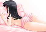  ass bed black_hair blush breasts face_to_pillow hase_yu highres long_hair lying makino_nanami medium_breasts nipples non-web_source on_side panties pillow pillow_grab red_eyes solo striped striped_panties suigetsu topless trefoil underwear 
