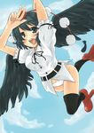  bad_id bad_pixiv_id black_hair black_wings blush cloud day flying geta hat looking_at_viewer no_pants open_mouth panties ribbon salute shameimaru_aya short_hair sky smile solo tengu-geta thighhighs tokin_hat touhou underwear unk v wings 