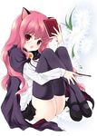  animal_ears bad_id bad_pixiv_id black_legwear book cape floral_background juna legs_up long_hair looking_at_viewer louise_francoise_le_blanc_de_la_valliere mary_janes pentacle pink_eyes pink_hair shoes smile solo thighhighs wand zero_no_tsukaima 