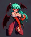  animal_print bat_print breasts cleavage green_hair head_wings kara_(color) kneeling large_breasts long_hair morrigan_aensland pantyhose print_legwear red_eyes solo vampire_(game) wings 