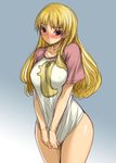  ar_tonelico ar_tonelico_ii blonde_hair blush bosshi bottomless breasts chroche_latel_pastalie covered_nipples covering covering_crotch curvy embarrassed funbuns large_breasts long_hair purple_eyes raglan_sleeves shirt shirt_tug solo wide_hips 