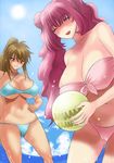  ball bare_shoulders beachball bikini blush breasts brown_hair cameltoe cleavage closed_eyes copyright_request covered_nipples curvy day huge_breasts long_hair multiple_girls pink_hair ponytail qoopie red_eyes smile swimsuit twintails underboob wet wide_hips 