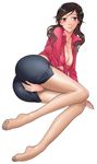  ass blush breasts brown_eyes brown_hair cleavage copyright_request covered_nipples feet fujisaka_kuuki hands large_breasts legs long_hair long_legs lying pantyhose pencil_skirt skirt smile solo 
