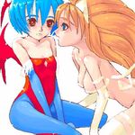  ayanami_rei blue_eyes blue_hair blue_legwear blush breasts cosplay es_(cah60700) felicia felicia_(cosplay) flat_chest leotard lilith_aensland lilith_aensland_(cosplay) long_hair lowres multiple_girls neon_genesis_evangelion pantyhose print_legwear red_eyes red_hair red_leotard short_hair small_breasts souryuu_asuka_langley vampire_(game) 