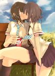  bad_id bad_pixiv_id bench blush brown_hair can comrade_stalin crossed_legs dr_pepper kiss legs multiple_girls necktie product_placement school_uniform short_hair sitting skirt soda_can surprised yuri 