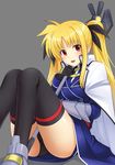  bardiche blonde_hair face fate_testarossa gloves ha-ru long_hair lyrical_nanoha mahou_shoujo_lyrical_nanoha_strikers panties red_eyes solo thighhighs twintails underwear 