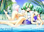  ahoge all_fours animal_ears barefoot bikini cloud day elena_(fushigiboshi_no_futago_hime) feet flat_chest fushigiboshi_no_futago_hime green_eyes green_hair hamuhamu leg_up legs lying mother_and_daughter multiple_girls on_side one-piece_swimsuit outdoors palm_tree pool poolside purple_eyes short_hair sky sophie_(fushigiboshi_no_futago_hime) submerged swimsuit tail tree white_bikini 