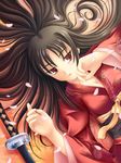  black_hair breasts cherry_blossoms cleavage japanese_clothes katana kimono long_hair lying maxwindy medium_breasts on_back open_mouth original petals red_eyes sakuraba_yuuko solo sunset sword weapon 