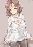  1girl absurdres arm_support azumi_(girls_und_panzer) bangs black_legwear blue_eyes blush breasts brown_background brown_hair cleavage cleavage_cutout closed_mouth commentary girls_und_panzer head_tilt highres large_breasts lips long_sleeves looking_at_viewer medium_hair meme_attire open-chest_sweater pantyhose parted_bangs ribbed_sweater seo_kichi simple_background sitting smile solo sweater turtleneck twitter_username white_sweater 