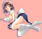  apron blue_eyes blush breast_squeeze breasts brown_hair copyright_request feet fujisaka_kuuki large_breasts legs maid short_hair solo thighhighs 