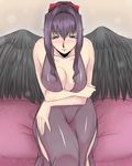  bad_id bad_pixiv_id black_wings blush breast_hold breasts cleavage copyright_request dress hair_ribbon highres large_breasts long_hair pointy_ears purple_hair ribbon side_slit smile solo wings yuuyan 