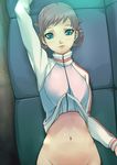  baanin blue_eyes bottomless braid brown_hair couch jacket kayano_megumi lying midriff no_panties out-of-frame_censoring persona persona_trinity_soul raglan_sleeves solo twin_braids 