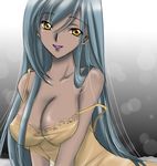  blue_hair breasts cleavage code_geass dark_skin large_breasts lingerie lipstick long_hair makeup off_shoulder shirt sinko smile solo strap_slip taut_clothes taut_shirt underwear villetta_nu yellow_eyes 