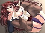  ayukawa_misato blush bra breasts cleavage feet formal game_cg garter_belt ikeda_yasuhiro knees_on_chest large_breasts lingerie lipstick long_hair long_toenails lying makeup office_lady on_back one_eye_closed panties red_hair skirt_suit soles solo suit sweat the_mensetsukan thighhighs toenails underwear 
