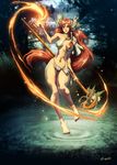  bare_shoulders barefoot breasts brigit_(mythology) cloud fire flower genzoman goddess green_eyes hips irish_mythology large_breasts leaf legs lips long_hair mythology nature navel outdoors pond red_hair solo staff thick_thighs thigh_gap thighs tree 