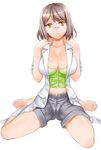 barefoot breast_squeeze breasts brown_hair cleavage copyright_request fujisaka_kuuki glasses labcoat large_breasts midriff navel open_clothes open_shirt shirt short_hair shorts sitting smile solo unbuttoned wariza yellow_eyes 