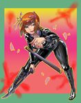  amami_haruka bad_id bad_pixiv_id bent_over black_bodysuit bodysuit boots breasts brown_hair center_opening cleavage full-length_zipper full_body green_eyes holding holding_weapon idolmaster idolmaster_(classic) idolmaster_1 katana leather looking_at_viewer medium_breasts ribbon shiny shiny_clothes short_hair skin_tight solo sword unzipped weapon yokkora zipper 