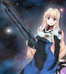  alternate_costume blonde_hair blue_eyes bodysuit cameltoe cosplay gun long_hair macross macross_frontier rifle scharfschutze sheryl_nome solo tongue weapon 