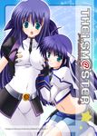  blue_eyes blush bodysuit breast_grab breast_squeeze breasts cameltoe cover cover_page fingerless_gloves ginga_nakajima gloves grabbing guatemala hair_ribbon large_breasts long_hair lyrical_nanoha mahou_shoujo_lyrical_nanoha_strikers midriff multiple_girls purple_hair ribbon shorts siblings sisters subaru_nakajima yuri 