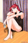  alcohol barefoot beer can copyright_request feet legs lingerie long_hair negligee red_hair satou_chagashi see-through sitting smile solo underwear 