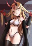  1girl absurdres black_choker black_legwear black_sleeves blonde_hair breasts cameltoe choker collarbone detached_sleeves earrings erect_nipples facial_mark fangs fate/grand_order fate_(series) fingernails forehead_mark hands_in_hair hands_up head_tilt highres hip_bones horns ibaraki_douji_(fate/grand_order) ichikawayan jewelry long_fingernails long_hair navel o-ring o-ring_top oni oni_horns parted_lips pointy_ears short_sleeves shoulder_tattoo signature small_breasts solo tattoo thighhighs tongue tongue_out twitter_username very_long_hair wide_sleeves yellow_eyes 