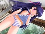  blush brush cameltoe flat_chest fukada_satsuki game_cg hair_ribbon long_hair louis&amp;visee nipples no_bra paintbrush panties ponytail puchi_puchi_gohoushi purple_eyes purple_hair ribbon school_uniform shirt_lift skirt skirt_lift solo striped striped_panties underwear window 