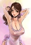  adjusting_hair apron armpits bad_id bad_pixiv_id blush breasts brown_eyes brown_hair cleavage copyright_request huge_breasts kito_(coyo) lips long_hair mature mole mole_under_mouth naked_apron solo 